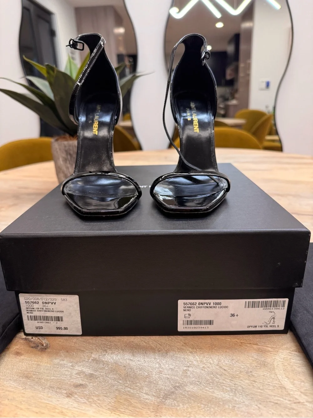 Saint Laurent Black Patent Leather Square-Toe Ankle-Strap Stilettos
